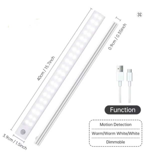 Luz LED Inteligente com Sensor de Movimento 40cm – Recarregável e Magnética