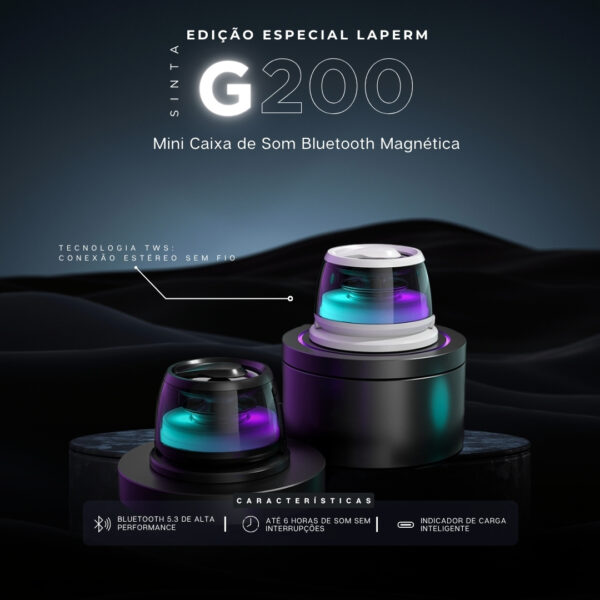 Mini Caixa de Som Bluetooth Magnética Mini Caixa de Som Magnética Branca Laperm Edition com LED Premium, Carregador por Indução e Bluetooth 5.3.